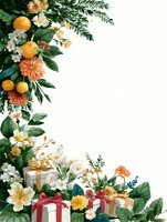 Festive holiday corner border with wrapped gifts, orange citrus fruits, evergreen branches and colorful flowers on white background for seasonal greeting cards.