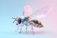 Macro shot of metallic blue and copper bee with translucent wings against dreamy pastel pink and blue background, showcasing intricate insect details and anatomy.