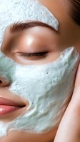 Close-up of Asian woman with closed eye wearing green clay facial mask. Bubbling texture and foam visible on skin during spa treatment for skincare and beauty routine.