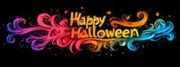 Colorful swirling text saying Happy Halloween with decorative flourishes and ornamental elements in vibrant gradient colors against black background. Festive holiday lettering.