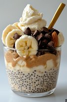 Chia pudding parfait layered with banana slices, chocolate chunks, whipped cream, and almond in glass. Healthy breakfast with protein-rich seeds and fresh fruit.