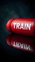 Red sports water bottle with train text label on dark background with reflection for fitness and workout hydration needs.