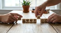 Hands arranging wooden letter blocks spelling ECONOMY on rustic table with plant background for business and financial concept presentations.