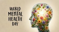 Mental wellness concept with floral brain silhouette for awareness campaigns and healthcare materials on textured background.