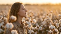 Young woman with closed eyes enjoying peaceful moment in cotton field during golden hour sunset, natural beauty and tranquility in agricultural landscape.
