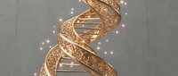 Golden DNA double helix structure with glowing particles on gray background for medical research and biotechnology presentations.