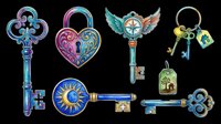 Ornate decorative keys with colorful metallic finishes isolated on transparent background. Perfect for t-shirt designs, clipart, stickers, print-on-demand products, and sublimation projects.