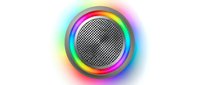 Vibrant rainbow circular frame with glowing neon effect and metallic mesh center on transparent background, isolated for design projects and digital applications.