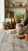 Woman hands holding ceramic mug in cozy kitchen with herbs, amber bottles and terracotta pots on rustic wooden table for natural wellness lifestyle.