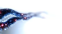 Abstract flowing wave of glowing particles with red and blue light effects against white background, creating dynamic motion and energy visualization.