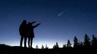 Silhouettes of two people standing together pointing at a shooting star streaking across a starry night sky above a forest treeline, conveying wonder and shared astronomical observation.