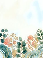 Watercolor botanical border with pink flowers, teal leaves, and gold line art on soft pastel background, perfect for cards and invitations.