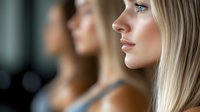 Young blonde woman with natural makeup in profile view against blurred mirror reflection, showing contemplative expression and serene beauty.