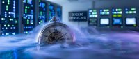 Vintage pocket watch surrounded by swirling mist in a glowing server room with a deadline approaching warning sign on screen.