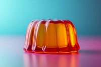 Orange jelly dessert with ribbed shape on colorful gradient background with reflection, studio lighting setup for food photography and advertising.