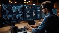 Caucasian male IT specialist monitoring global network operations on multiple screens in dark office setting. Digital world map display shows real-time data analysis.