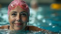 Mature female swimmer in pink cap and goggles smiling confidently while exercising in pool, promoting active aging and wellness lifestyle for seniors.