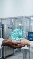 Diverse hands holding glowing turquoise holographic molecule in modern laboratory setting, representing scientific innovation, biotechnology research, and collaborative discovery in advanced technology environments.