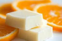Fresh white soap bars with natural orange slices in soft focus background, showcasing aromatherapy and organic skincare products for spa and wellness design.