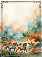 Watercolor wild horses galloping through colorful landscape with golden frame border and copy space for greeting cards and prints.