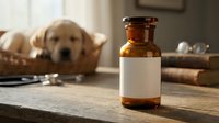 Amber medicine bottle with blank label on wooden table, Labrador puppy in basket and stethoscope in background, veterinary care concept.
