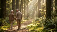 Senior couple walking together on forest path surrounded by tall trees and natural sunlight, suitable for wellness, retirement, and lifestyle concepts.