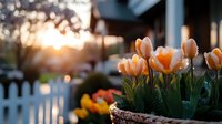 Peach tulips blooming in garden planter at sunset with white picket fence background, creating romantic spring atmosphere with golden sunlight bokeh.