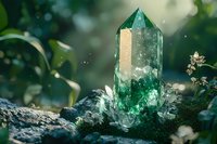 Large emerald green crystal formation emerging from rough stone with magical bokeh light effects and small white flowers in natural outdoor setting.