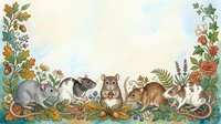 Adorable woodland animals including rats, hamster and mice surrounded by autumn botanical frame with flowers, leaves and berries on light background.