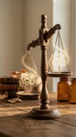 Vintage brass scales of justice on wooden table with warm lighting for legal and pharmaceutical concepts.