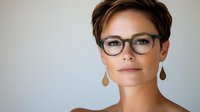 Professional businesswoman with short brown hair and glasses looking confident in modern office setting for corporate presentations.