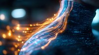 Glowing fiber optic light trails flow across dark textured surface creating futuristic technology concept with orange and blue illuminated streaks in motion.