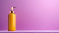 Yellow cosmetic pump bottle on purple background with soft shadow, minimalist composition for beauty and skincare product presentation.