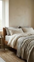 Serene bedroom interior with wooden bed frame, layered neutral bedding, and natural light from window for home decor and lifestyle design.