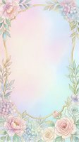 Watercolor floral frame with pastel roses, peonies, and hydrangeas on a soft rainbow gradient background with gold border accents.