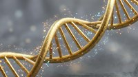Golden DNA double helix structure with sparkling particles and glowing effects on blurred background for medical research and biotechnology concepts.