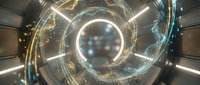Futuristic glowing portal with golden and cyan light rings, symmetrical tunnel effect with bokeh lights, sci-fi technology concept for digital backgrounds and motion graphics.