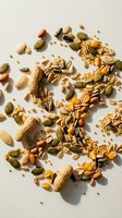 Mixed nuts seeds and dried fruits scattered on neutral background creating healthy snacking composition for nutritional wellness and organic food concepts.