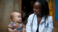 African American female doctor in white coat with stethoscope holding smiling caucasian baby in colorful striped outfit, representing healthcare and pediatric care.