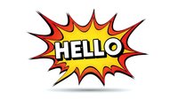 Comic book style speech bubble with hello text in bold letters on explosive starburst background for greeting cards and social media posts.