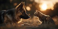 German shepherd dog and tabby cat lying together in warm golden sunset light creating peaceful interspecies friendship moment for pet care advertising.