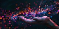 Female hand holding glowing financial chart with sparkles and bokeh lights against dark background, representing market analysis and investment growth.