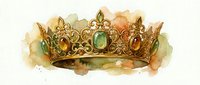 Ornate golden crown with emerald and amber gemstones on watercolor background. Royal headpiece with intricate metalwork for luxury branding and fantasy designs.