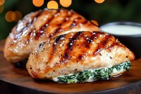 Grilled chicken breast with creamy spinach sauce served on wooden board, grill marks visible, bokeh lights in background, restaurant quality presentation.