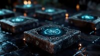 Mystical glowing stone blocks with ancient runes and magical symbols arranged in dark atmospheric setting with ethereal blue light effects and mysterious ambiance.