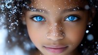 Young mixed race girl with striking blue eyes and gentle smile in winter scene with snowflakes falling, creating magical portrait atmosphere against dark background.