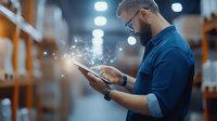 Caucasian bearded warehouse worker using digital tablet with glowing particles effect, managing inventory in modern storage facility background.