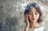 Young Asian woman with closed eyes surrounded by glowing network of light dots against textured wall background, representing mindfulness and connection.