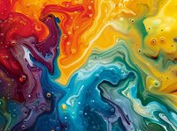 Vibrant fluid art with swirling rainbow colors of red, orange, yellow, blue, and green creating abstract marble-like patterns with glossy texture.