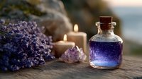 Magical purple potion bottle with lavender flowers and glowing candles on rustic wooden surface, creating mystical spa atmosphere for wellness and aromatherapy designs.